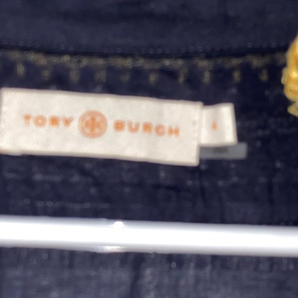 Tory Burch Embroidered Fringe Collar Tunic Top SZ 2 Navy Blue Summer Resort Wear - Picture 2 of 6